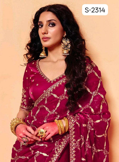 Red Pure Organza Satin With Sequins Heavy Embroidery Work Organza Saree 
