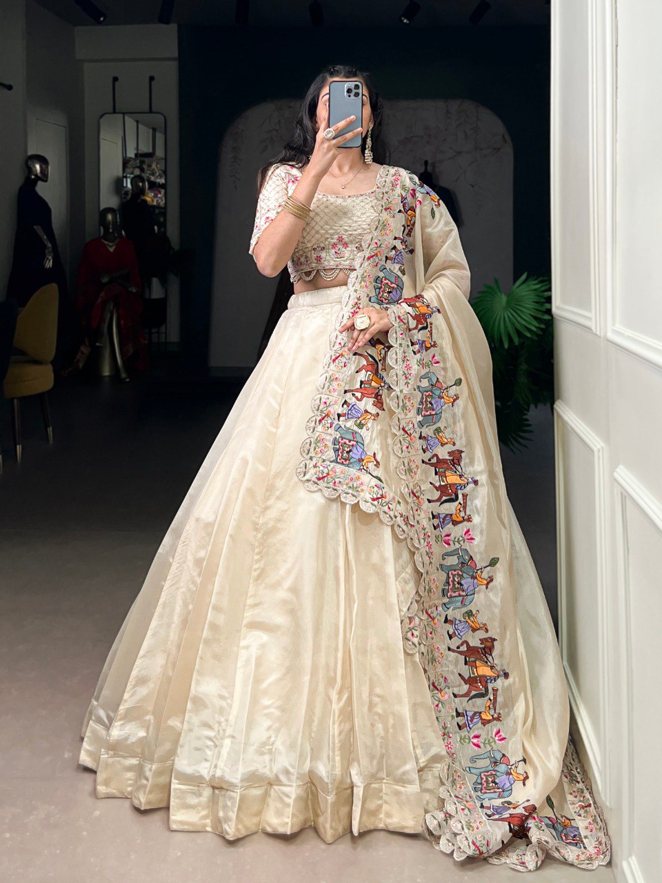 Off-white Pure Raspberry Silk Lehenga Choli