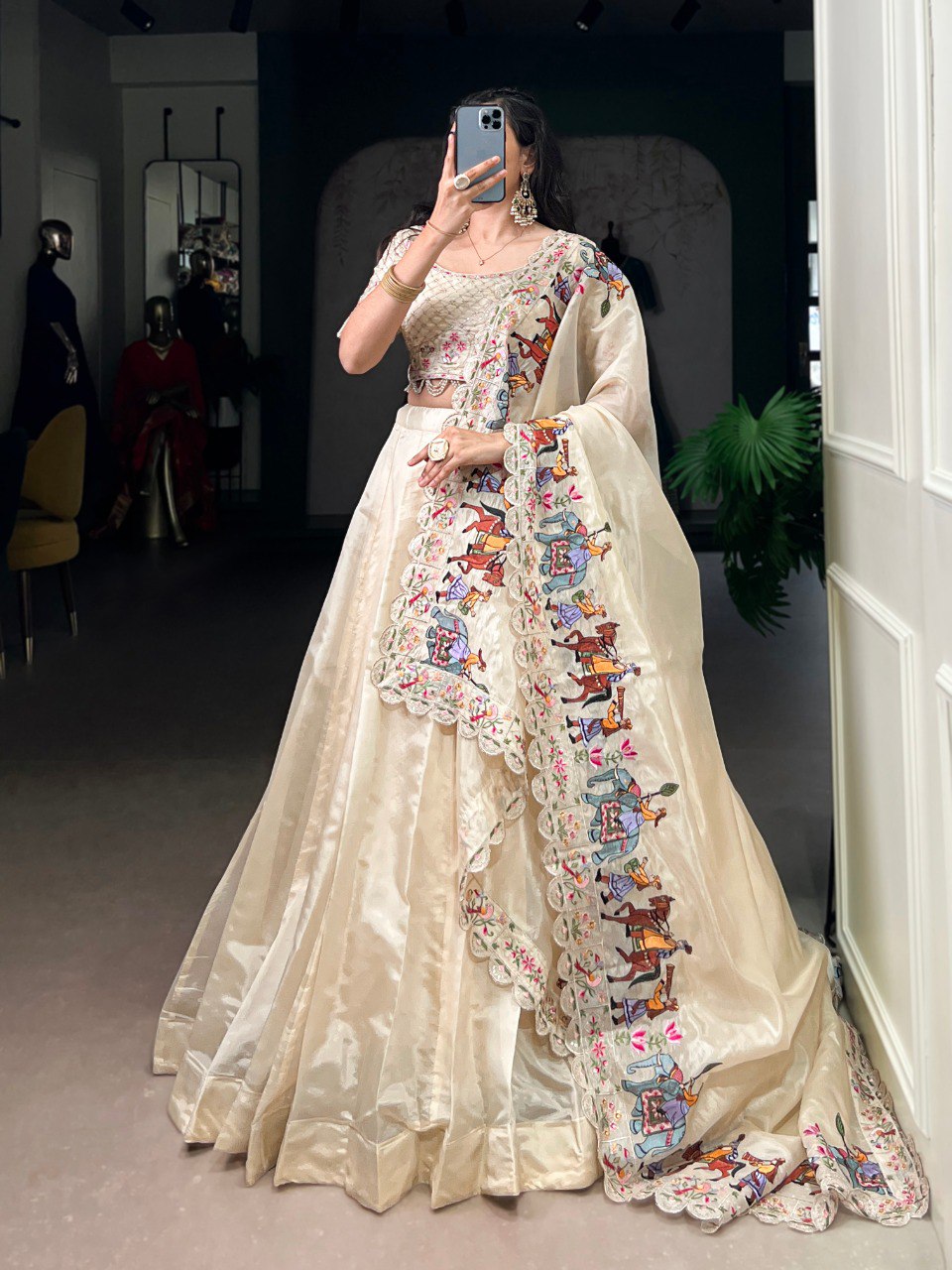 Off-white Pure Raspberry Silk Lehenga Choli