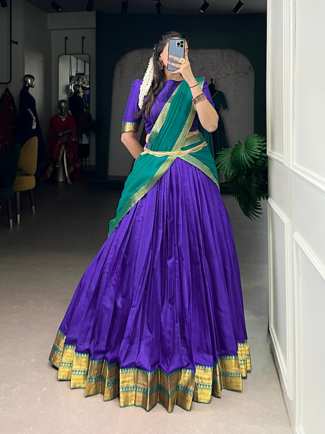 Royal Blue Pure Soft Poly Cotton South Indian Lehenga Saree 