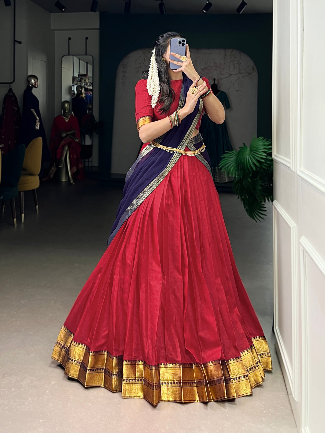 Red Pure Soft Poly Cotton South Indian Lehenga Saree 