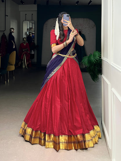 Red Pure Soft Poly Cotton South Indian Lehenga Saree 
