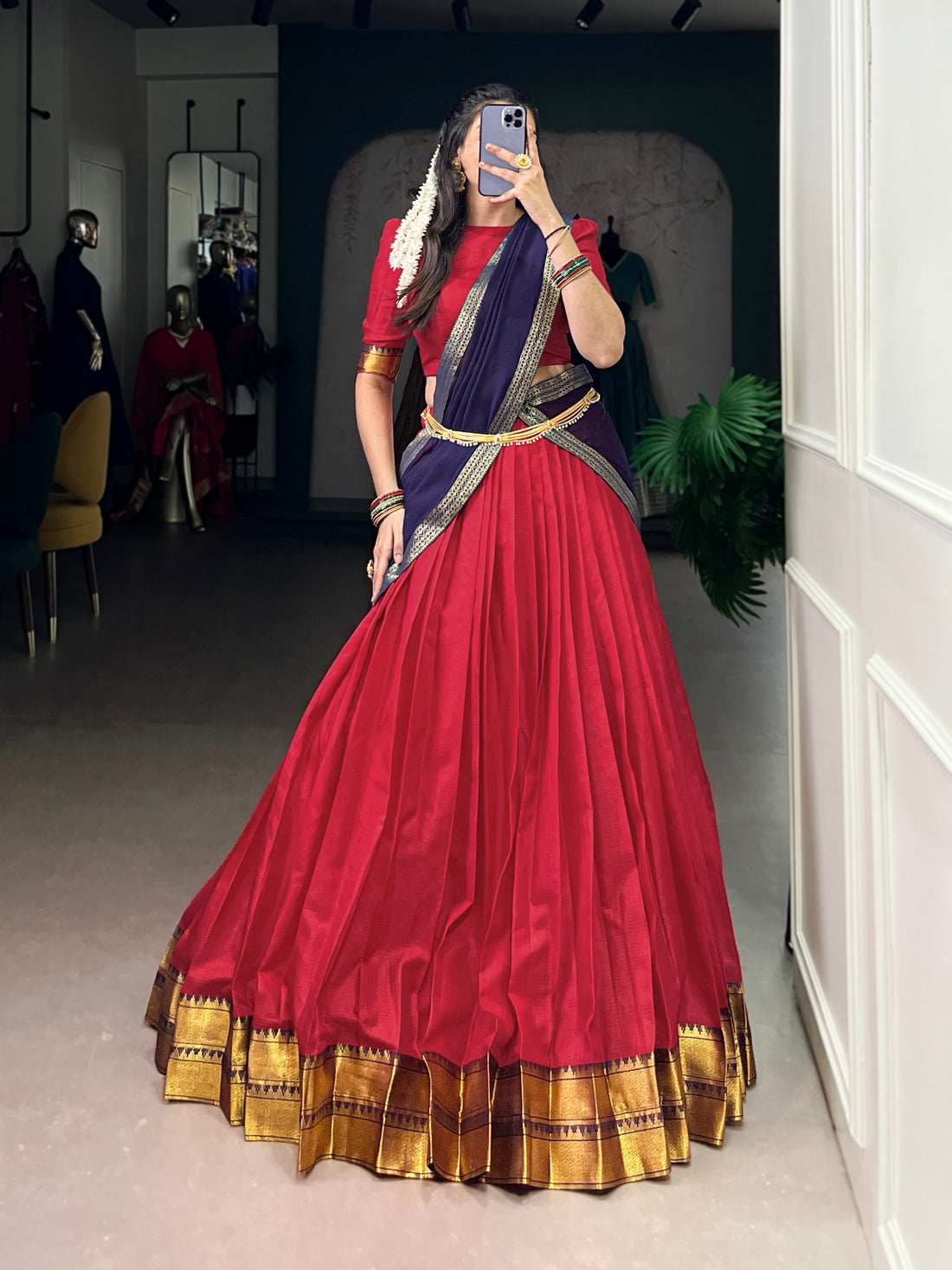 Red Pure Soft Poly Cotton South Indian Lehenga Saree 