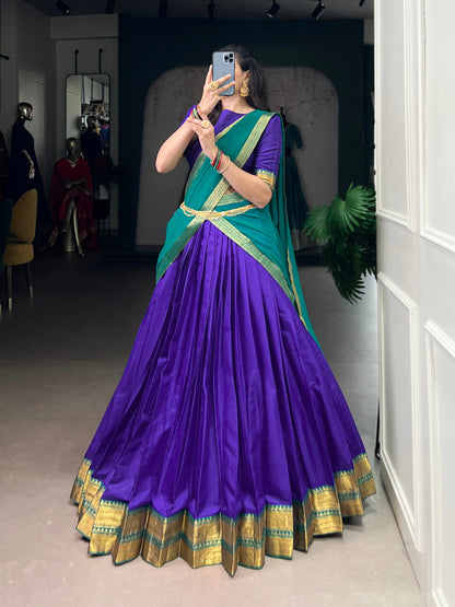 Royal Blue Pure Soft Poly Cotton South Indian Lehenga Saree 