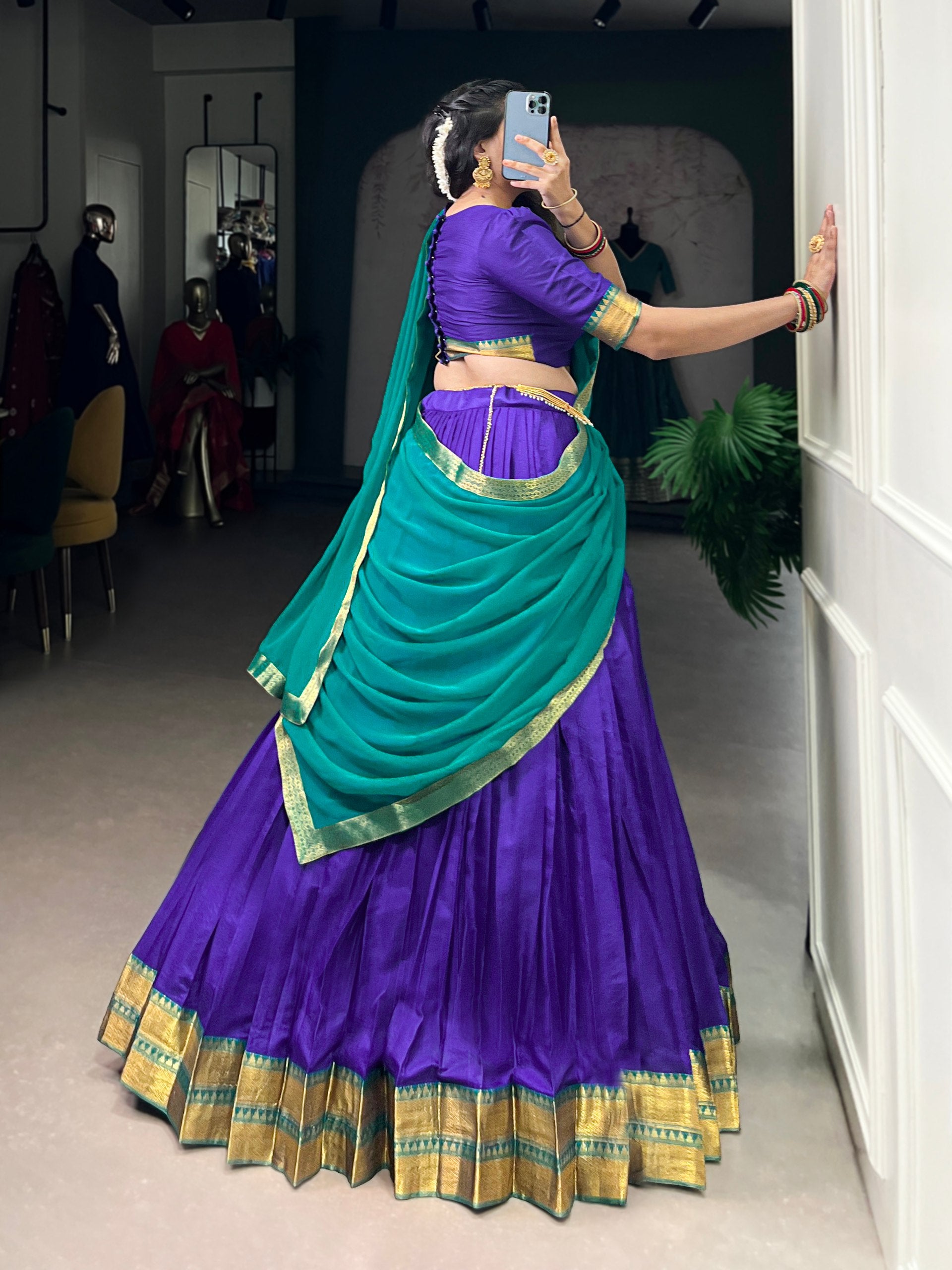 Royal Blue Pure Soft Poly Cotton South Indian Lehenga Saree 