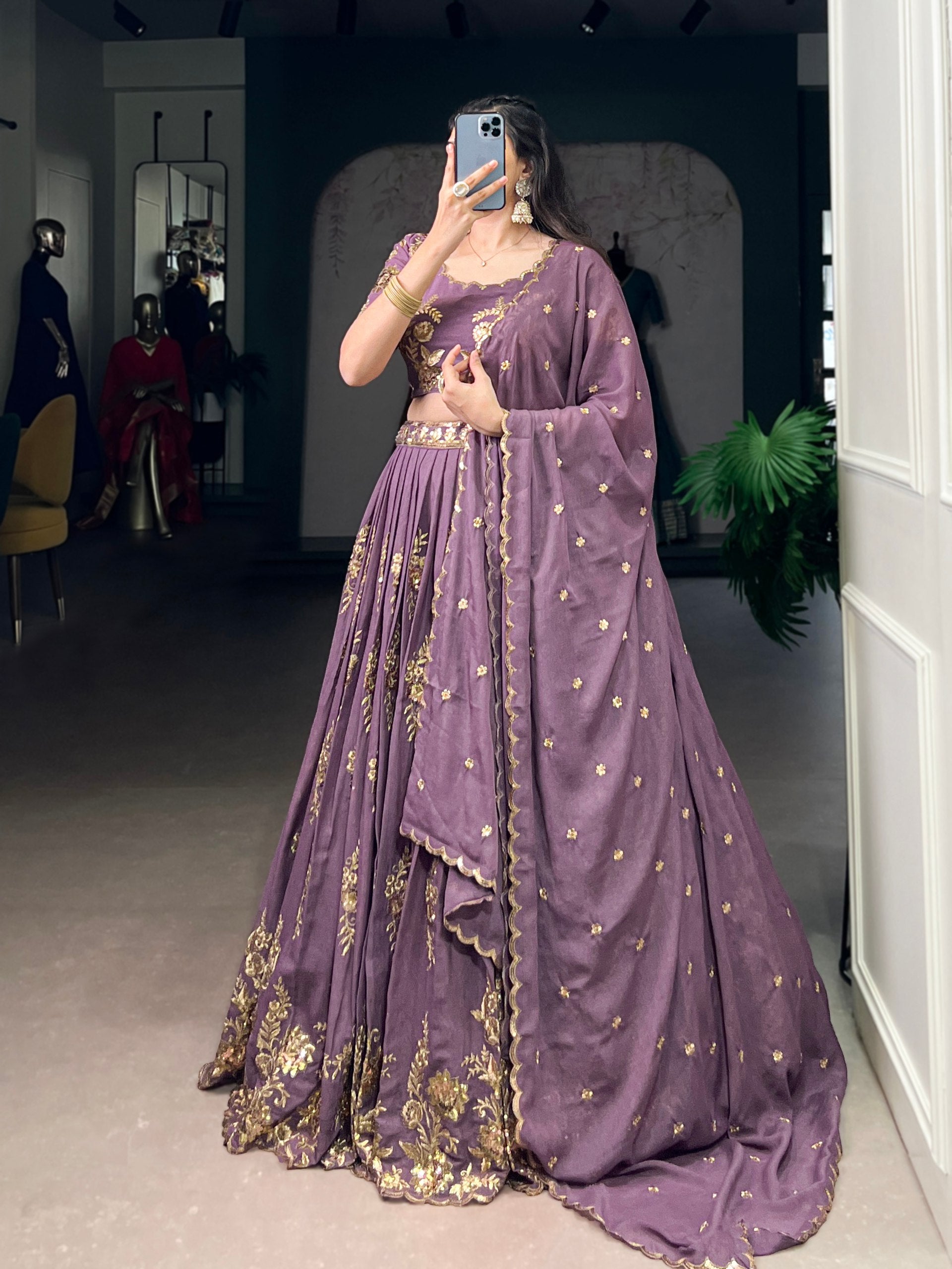 Lavender Color Sequince And Thread Embroidery Work Chocolate Crush Lehenga Choli