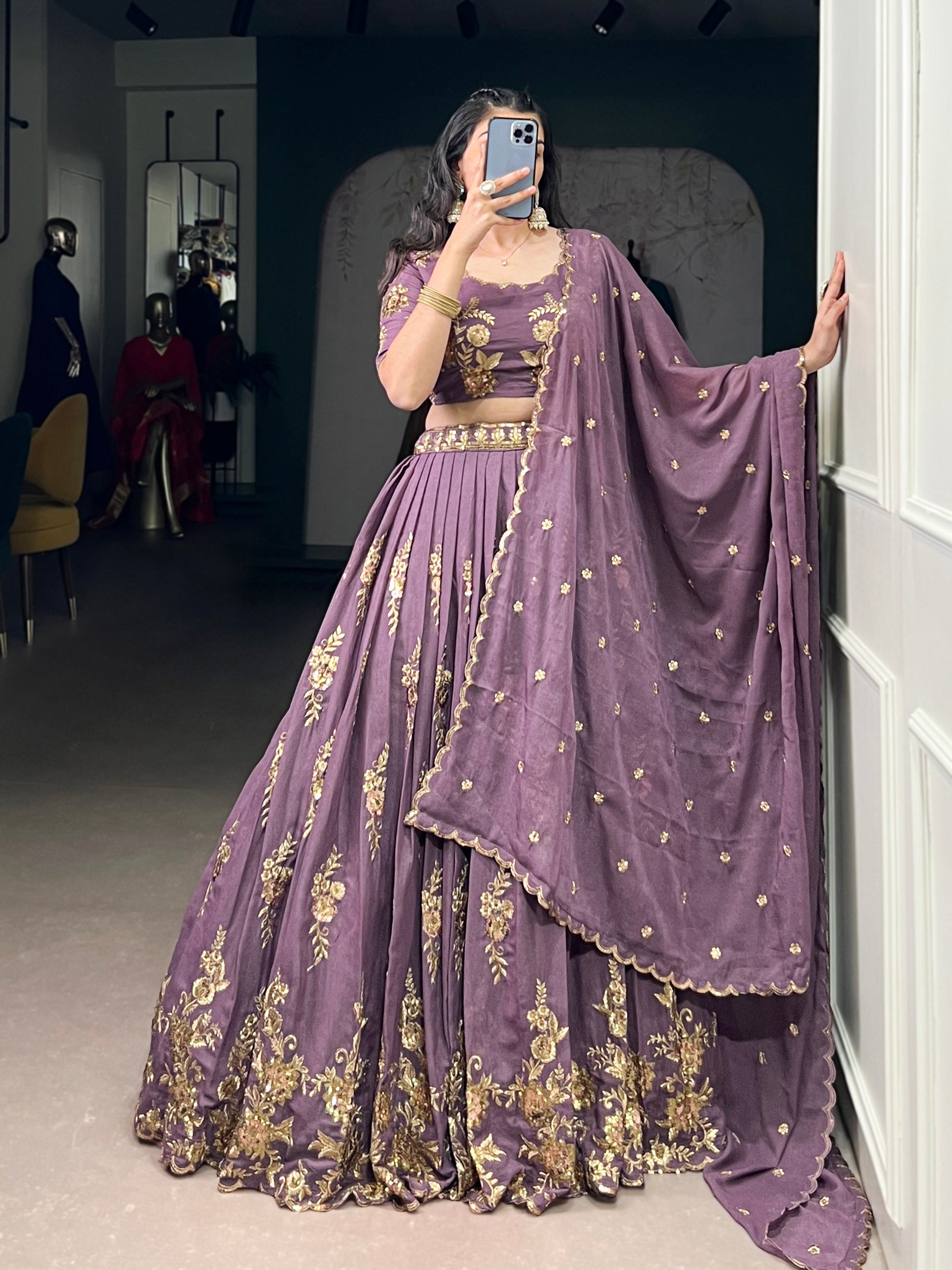 Lavender Color Sequince And Thread Embroidery Work Chocolate Crush Lehenga Choli