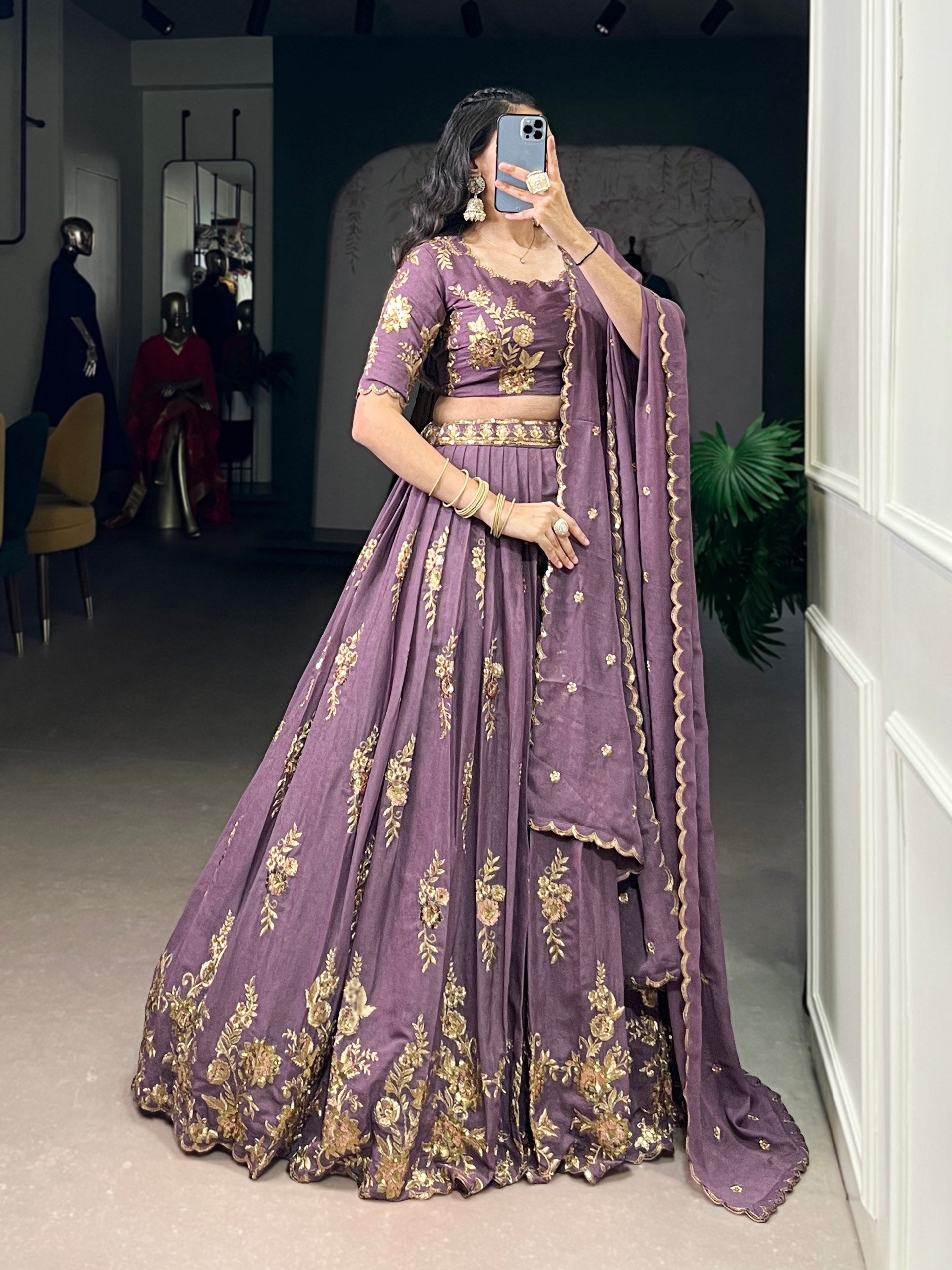Lavender Color Sequince And Thread Embroidery Work Chocolate Crush Lehenga Choli