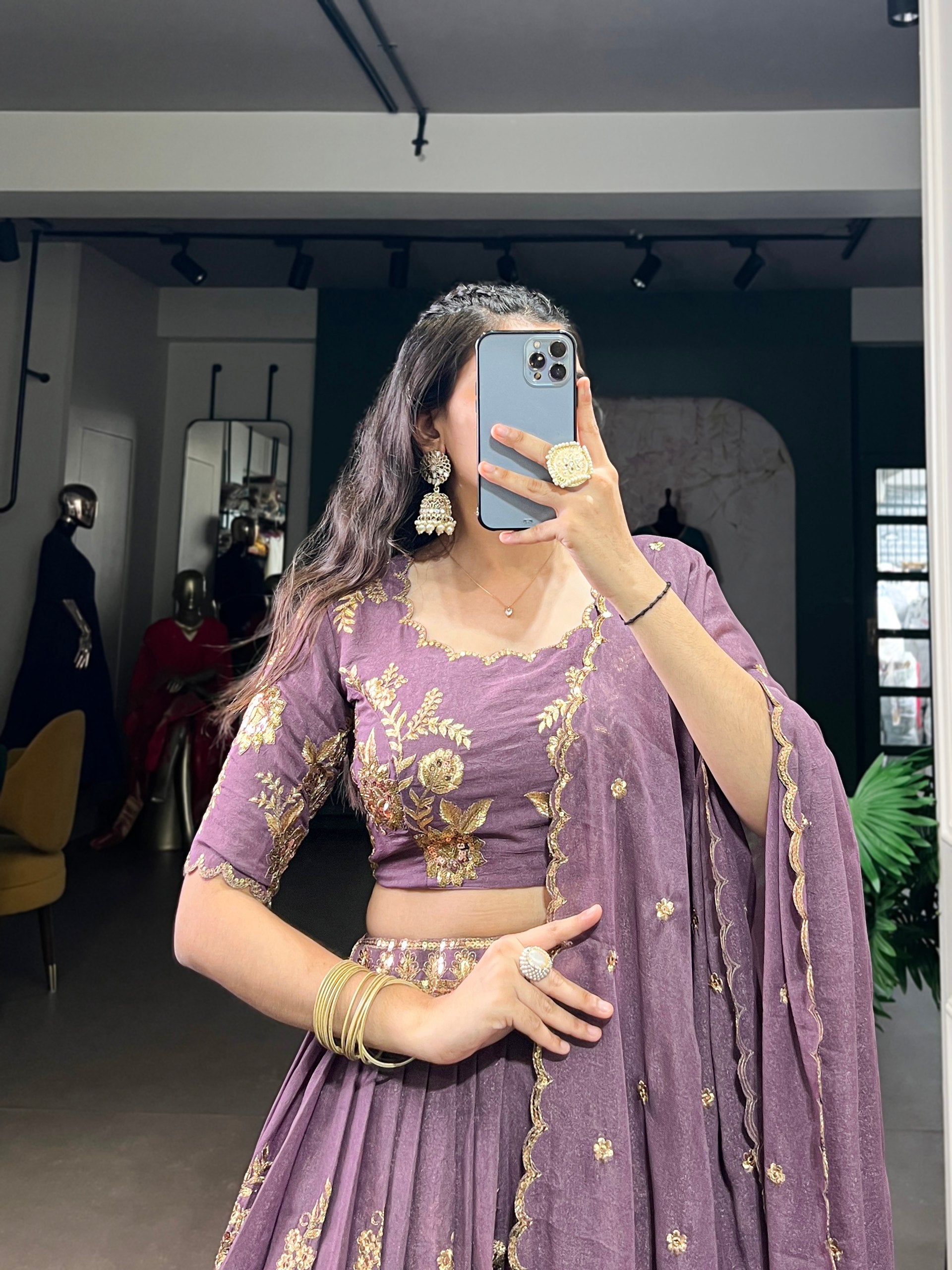 Lavender Color Sequince And Thread Embroidery Work Chocolate Crush Lehenga Choli