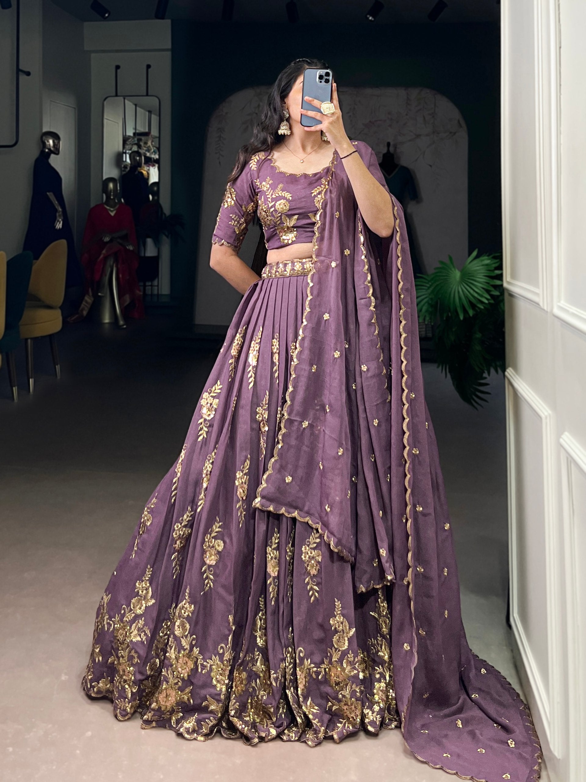 Lavender Color Sequince And Thread Embroidery Work Chocolate Crush Lehenga Choli
