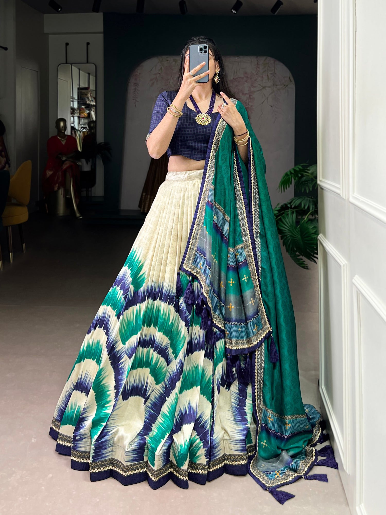 Navy Blue Color Tie And Dye Printed Tasar Silk Lehenga Choli 