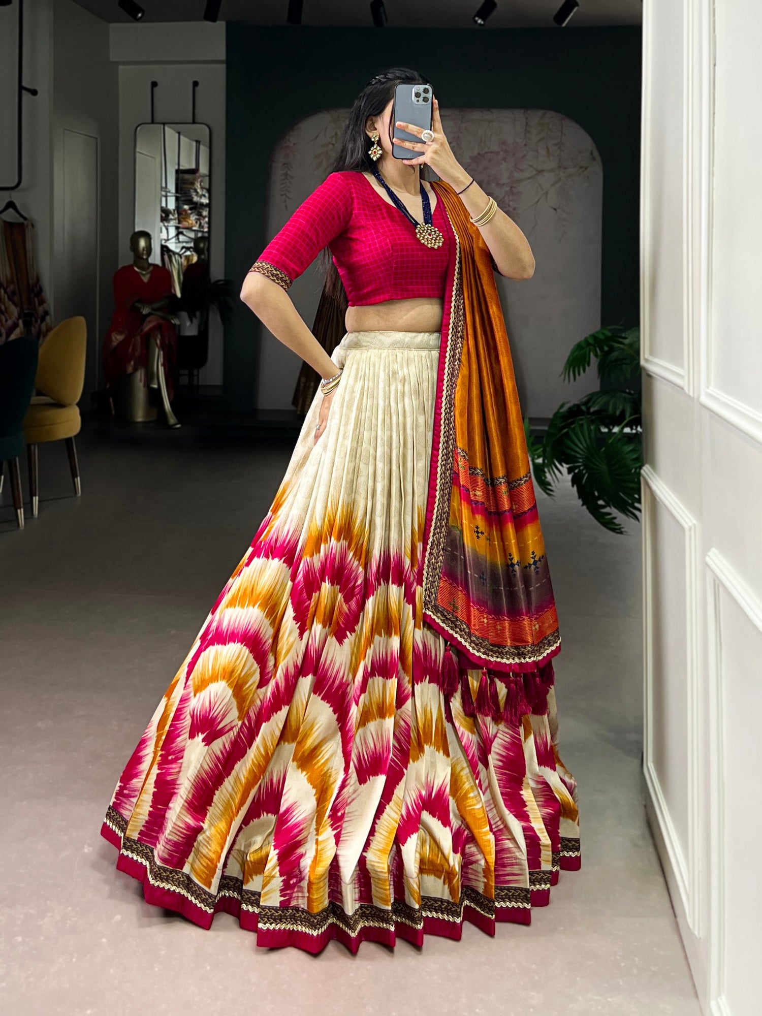 Red Color Tie And Dye Printed Tasar Silk Lehenga Choli 