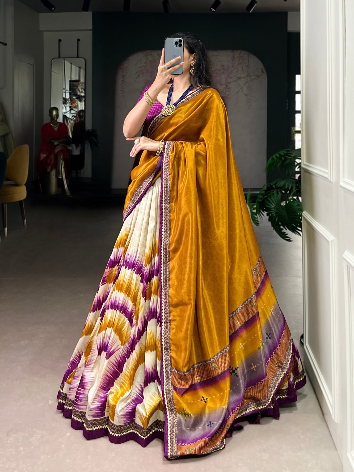 Wine Color Tie And Dye Printed Tasar Silk Lehenga Choli 