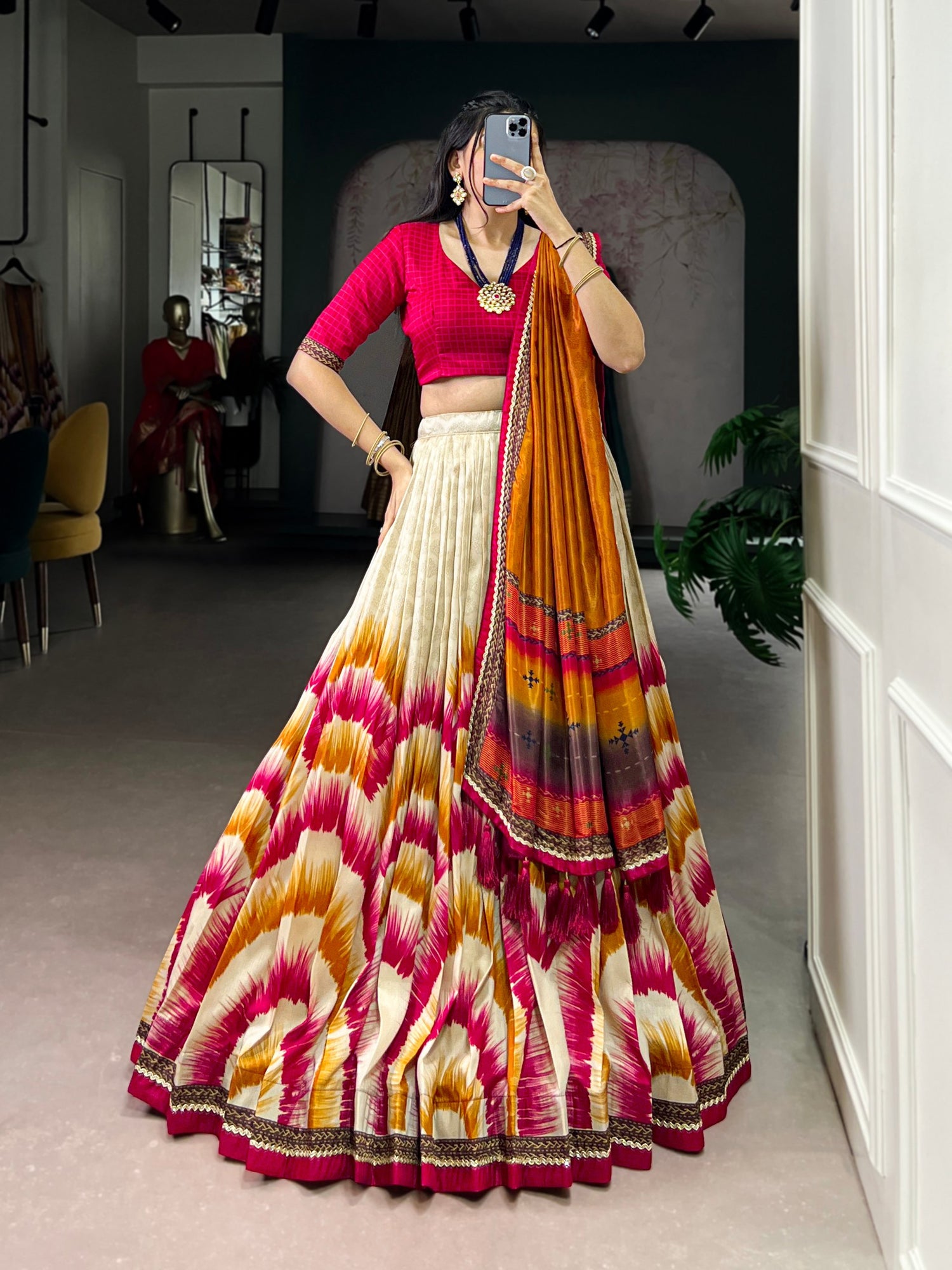Red Color Tie And Dye Printed Tasar Silk Lehenga Choli 