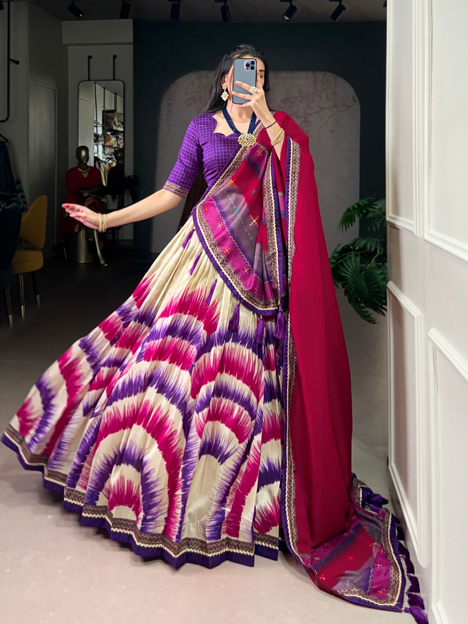 Purple Color Tie And Dye Printed Tasar Silk Lehenga Choli 