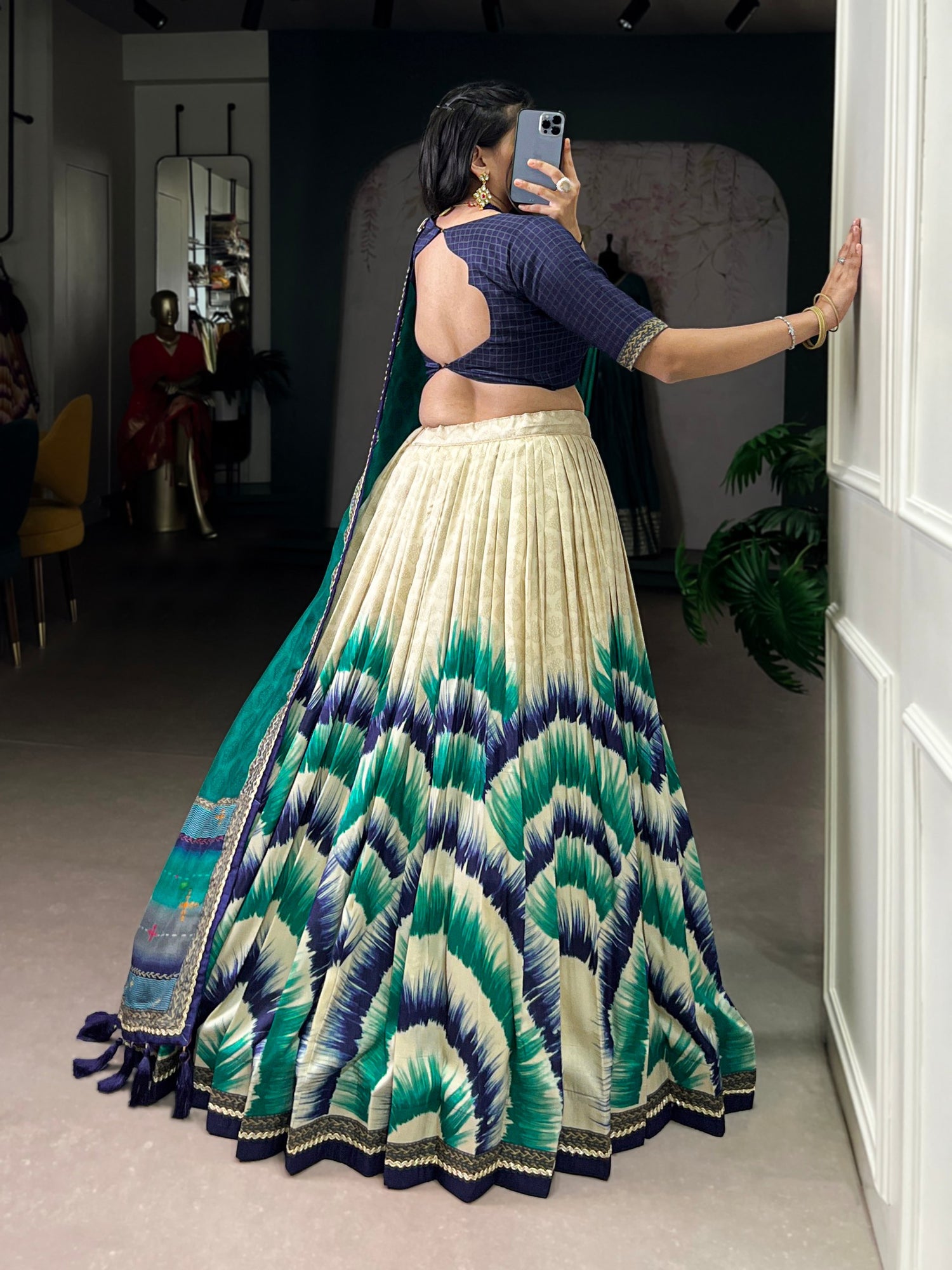 Navy Blue Color Tie And Dye Printed Tasar Silk Lehenga Choli 