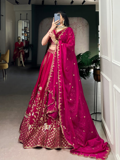 Royal Pink Natural Silk Sequins &amp; Thread Work Chaniya Choli 