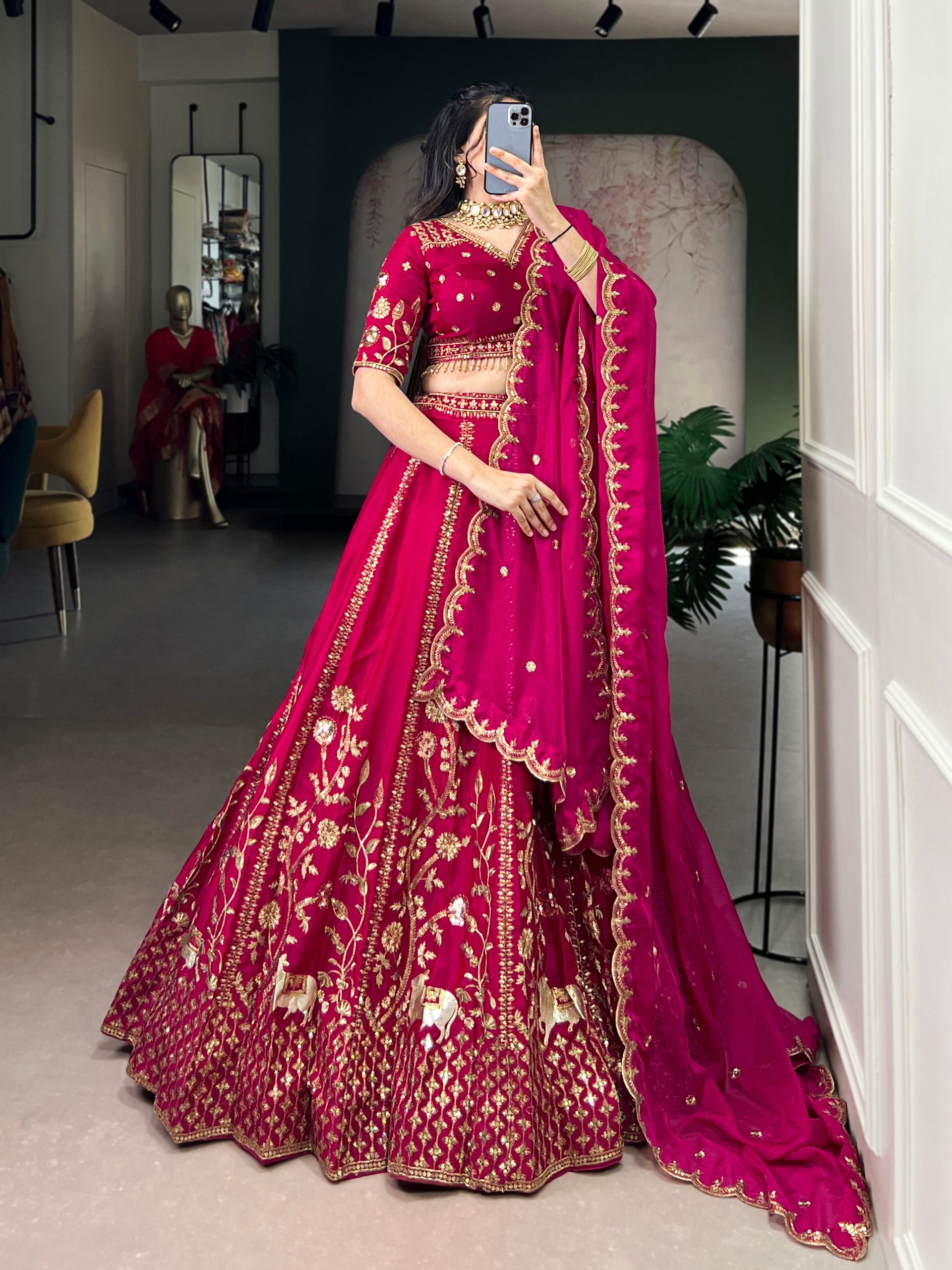 Royal Pink Natural Silk Sequins &amp; Thread Work Chaniya Choli 