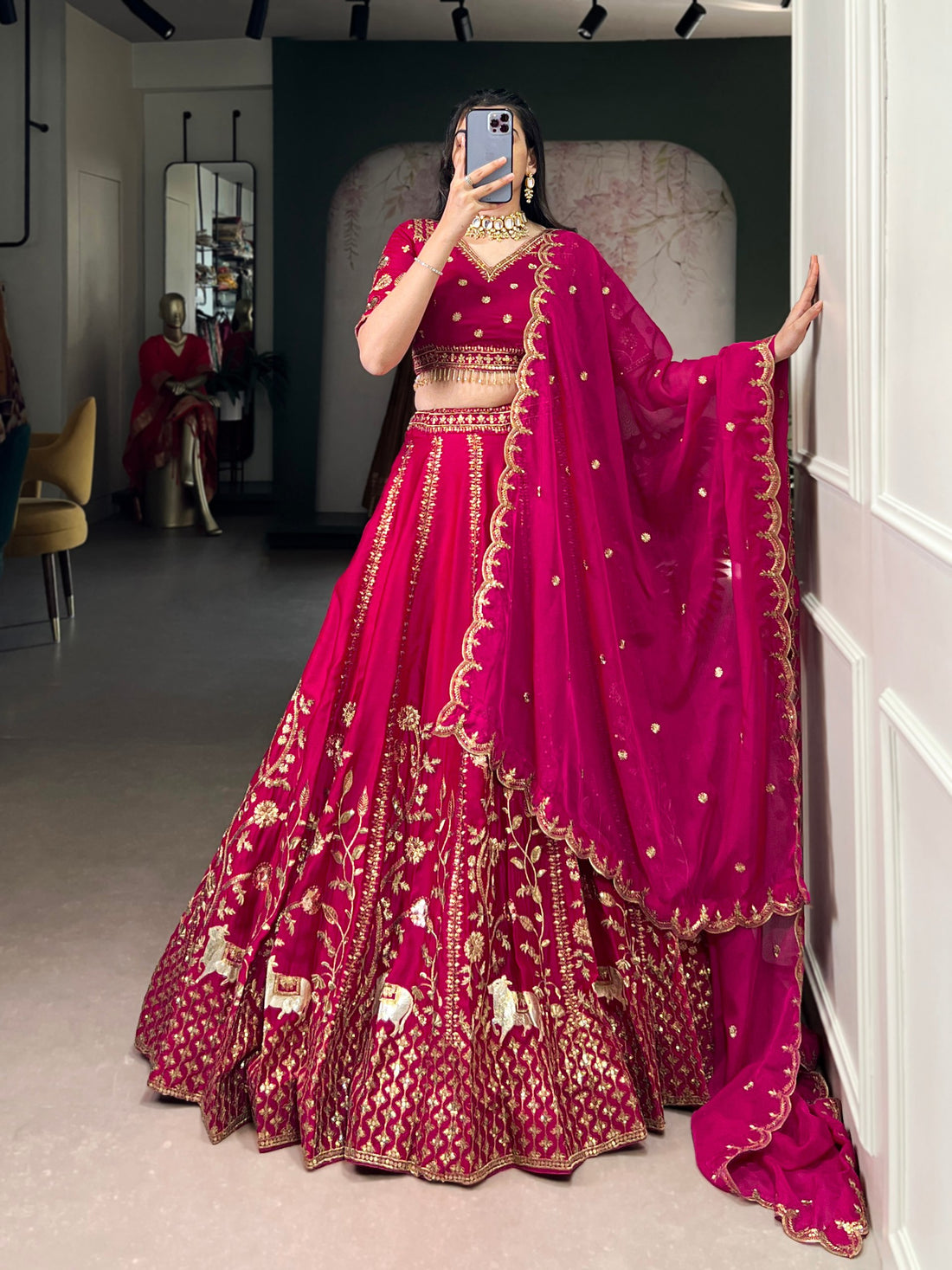 Royal Pink Natural Silk Sequins &amp; Thread Work Chaniya Choli 