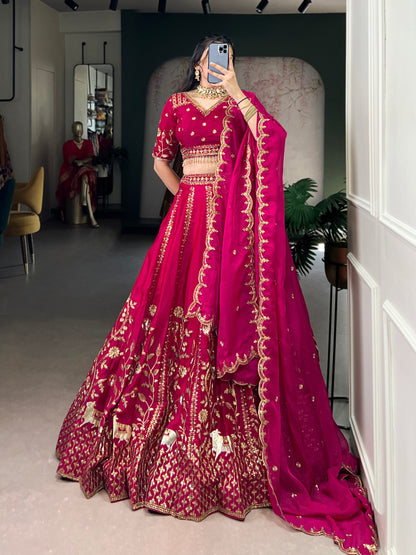 Royal Pink Natural Silk Sequins &amp; Thread Work Chaniya Choli 