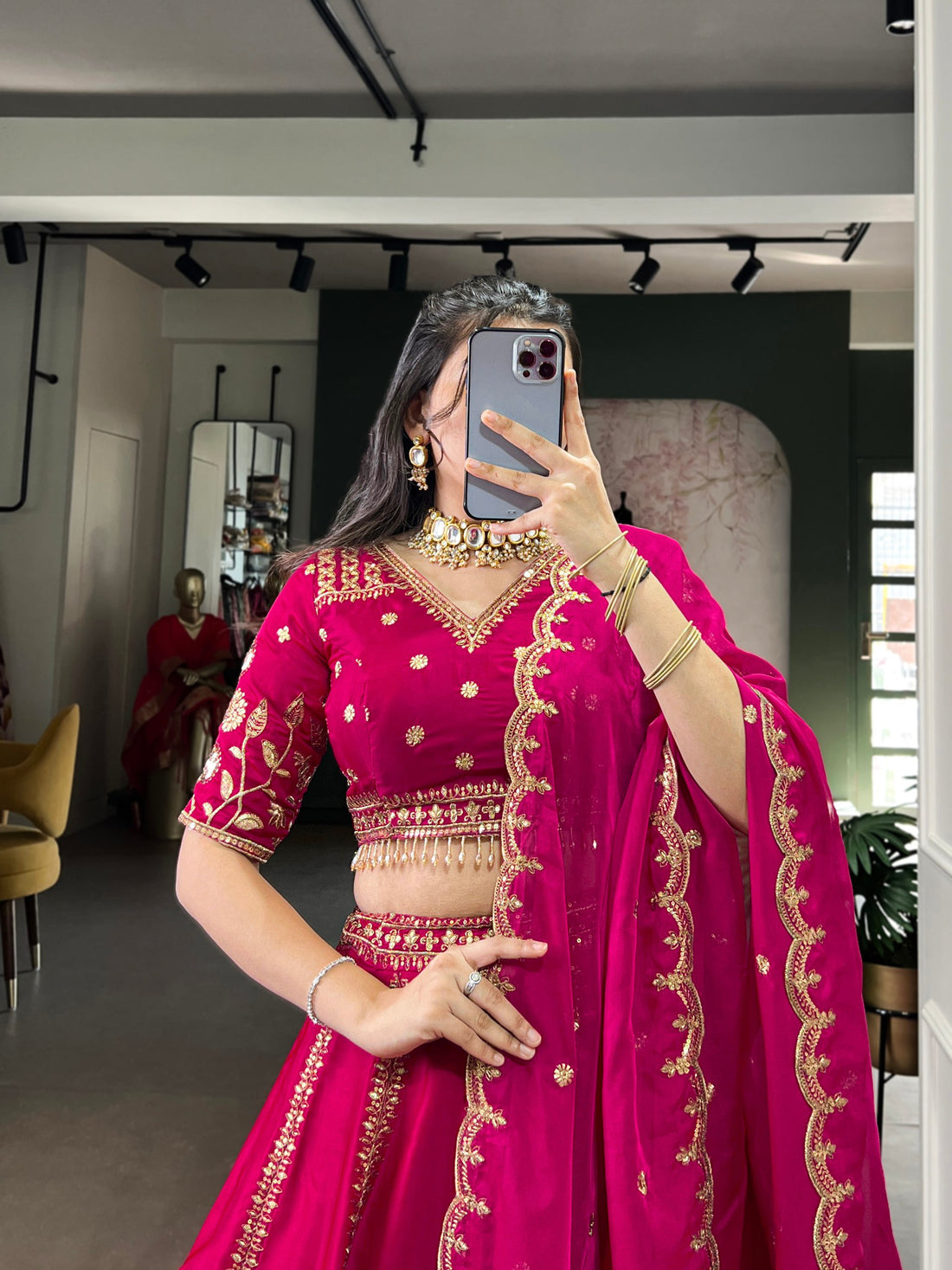 Royal Pink Natural Silk Sequins &amp; Thread Work Chaniya Choli 