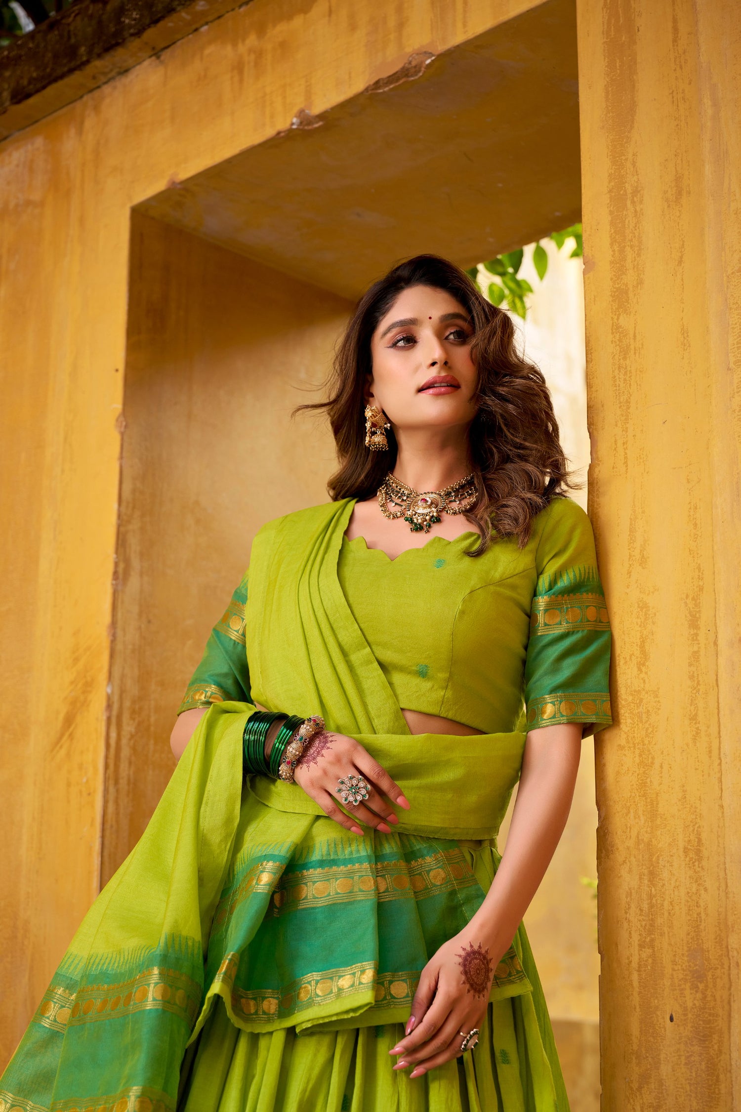 Parrot Color Zari Weaving Work Chanderi Lehenga Choli 