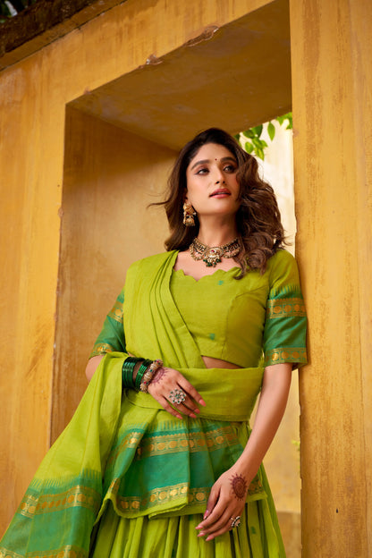 Parrot Color Zari Weaving Work Chanderi Lehenga Choli 