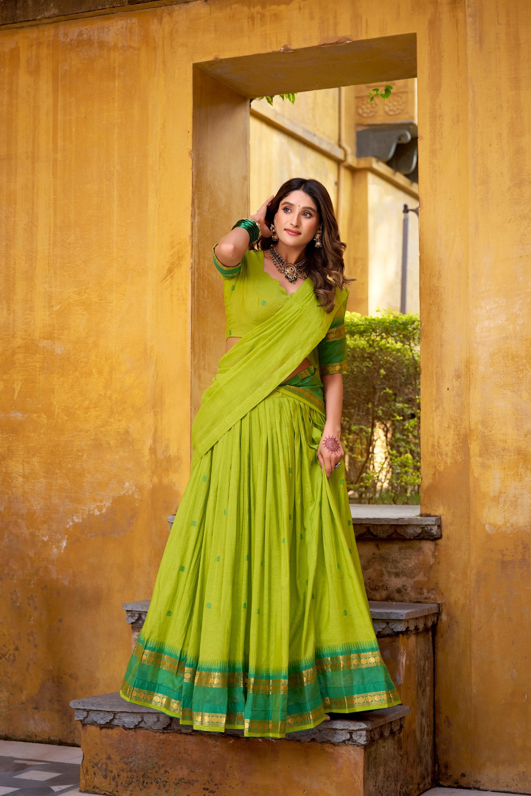Parrot Color Zari Weaving Work Chanderi Lehenga Choli 