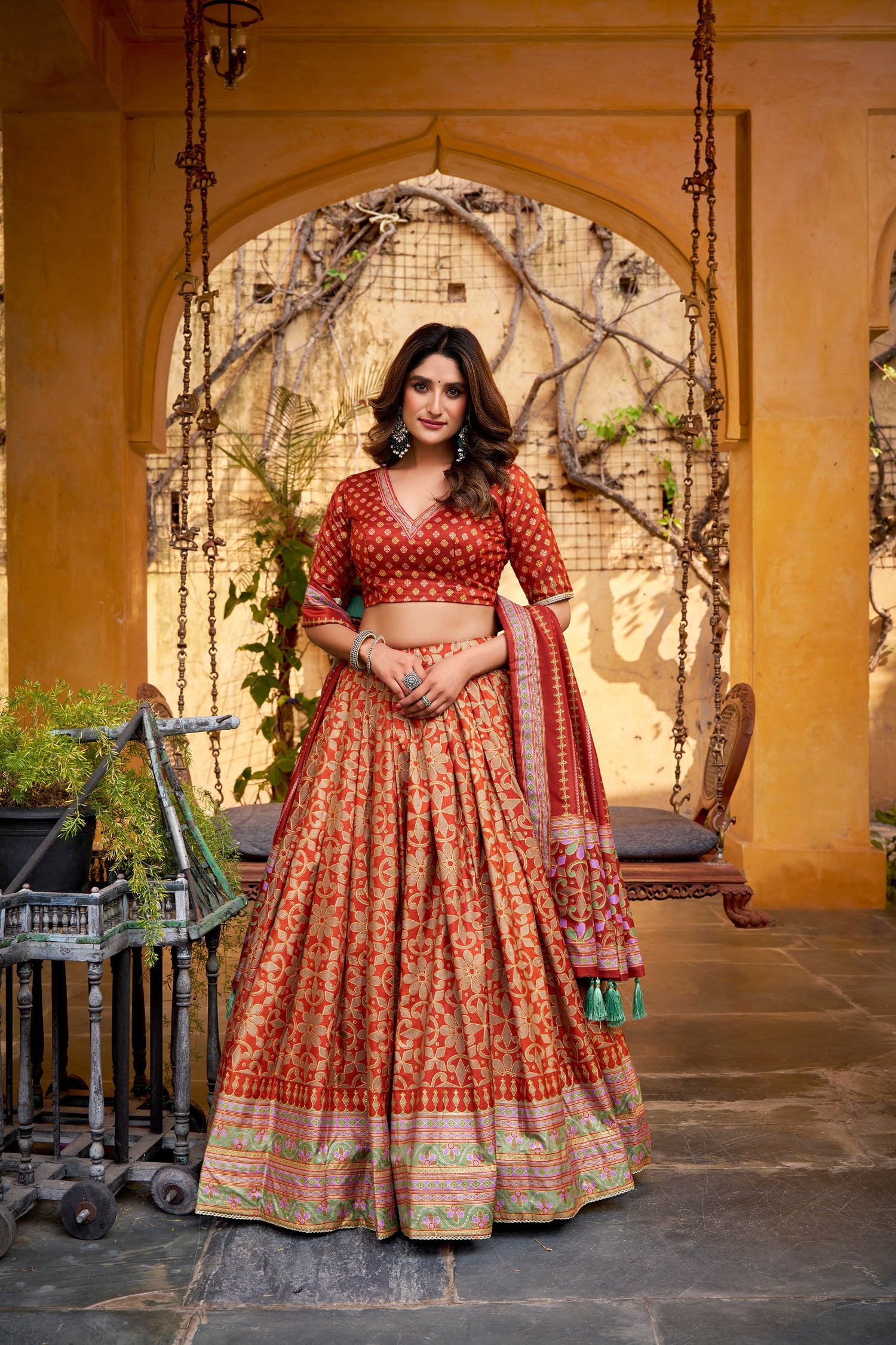 Rust Orange Color Tasar Silk Lehenga Choli 