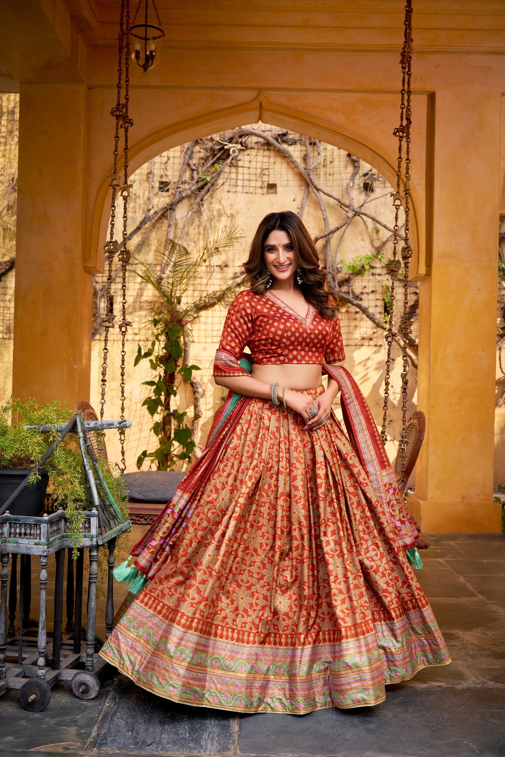 Rust Orange Color Tasar Silk Lehenga Choli 