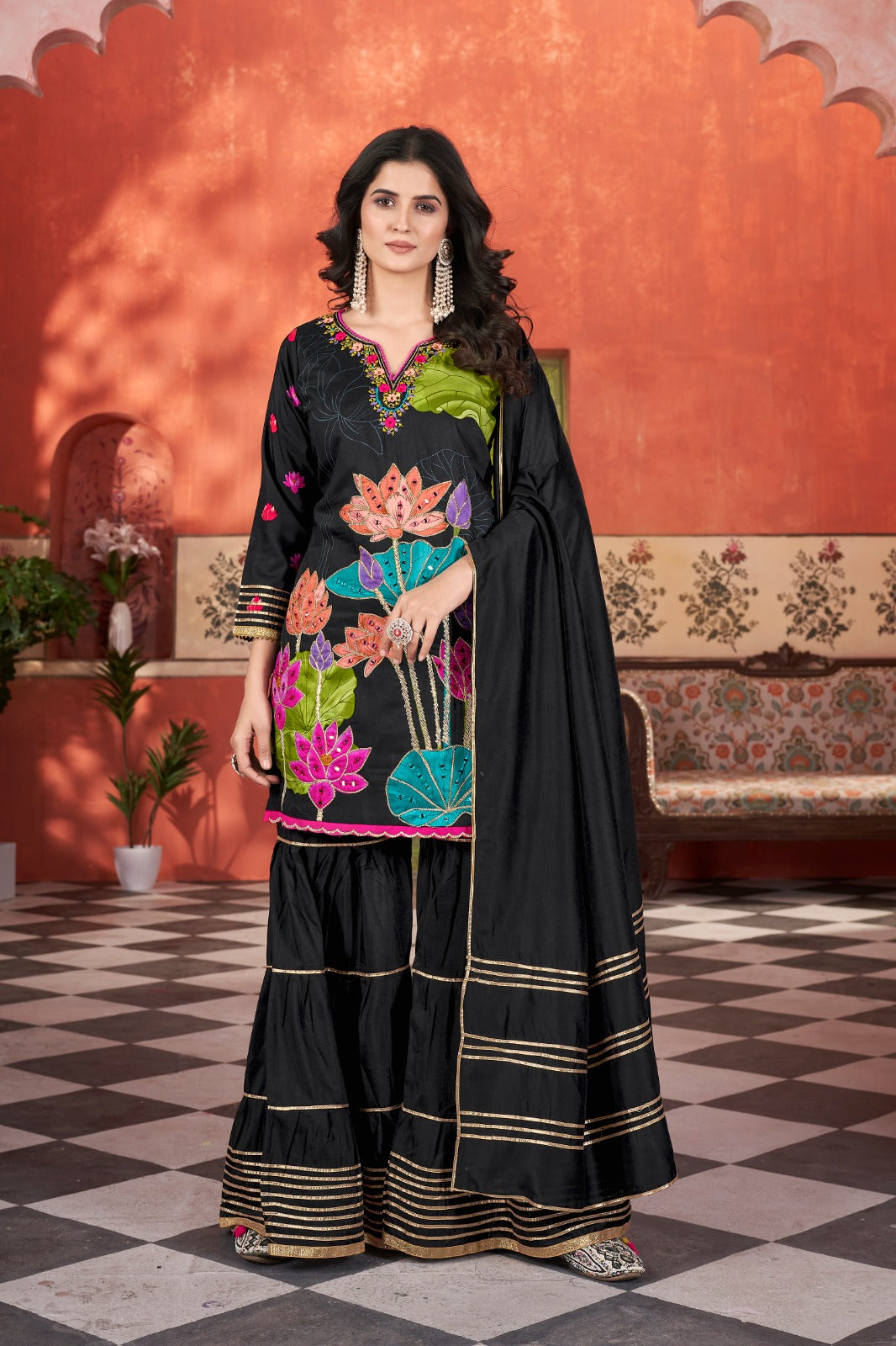 Black Pure Soft Muslin Print Heavy Thread Work Salwar Suit