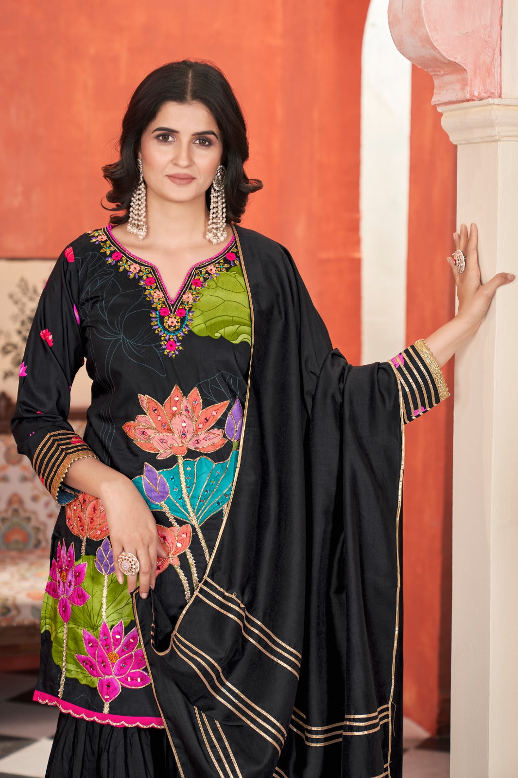 Black Pure Soft Muslin Print Heavy Thread Work Salwar Suit