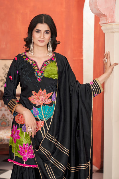 Black Pure Soft Muslin Print Heavy Thread Work Salwar Suit 
