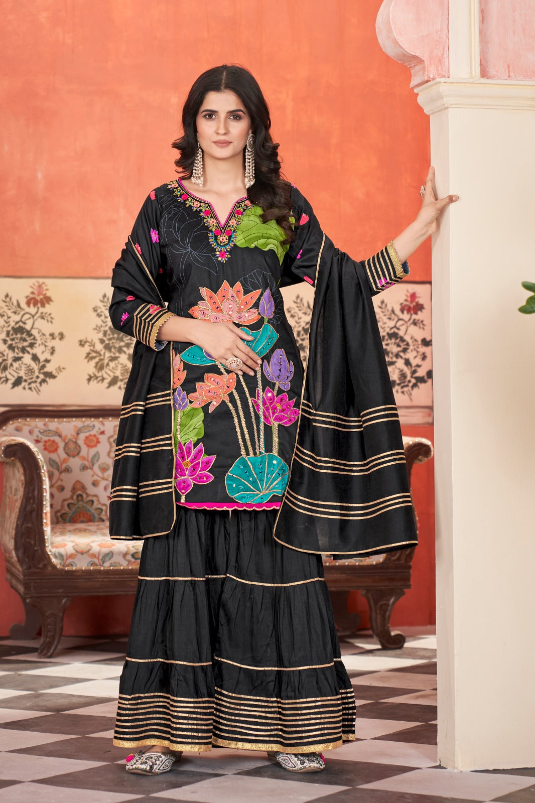 Black Pure Soft Muslin Print Heavy Thread Work Salwar Suit 