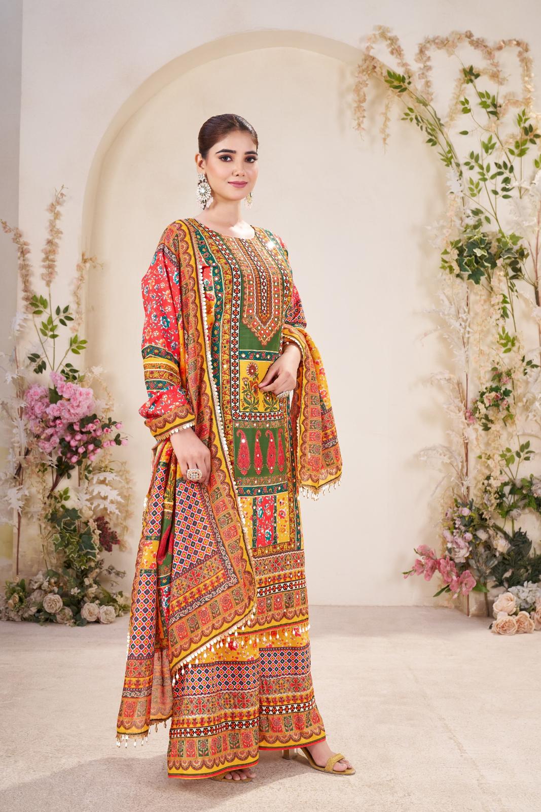 Yellow Pure Soft Muslin Print Heavy Thread Work Salwar Suit ##color## Gharara Suit with premium fabric and embroidery