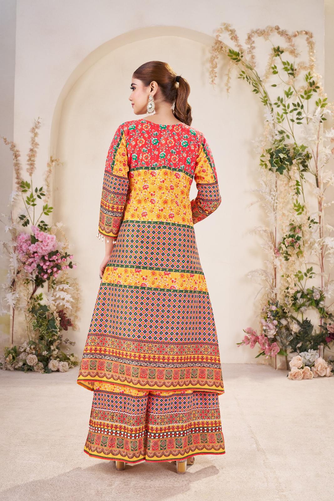 Yellow Pure Soft Muslin Print Heavy Thread Work Salwar Suit ##color## Gharara Suit with premium fabric and embroidery