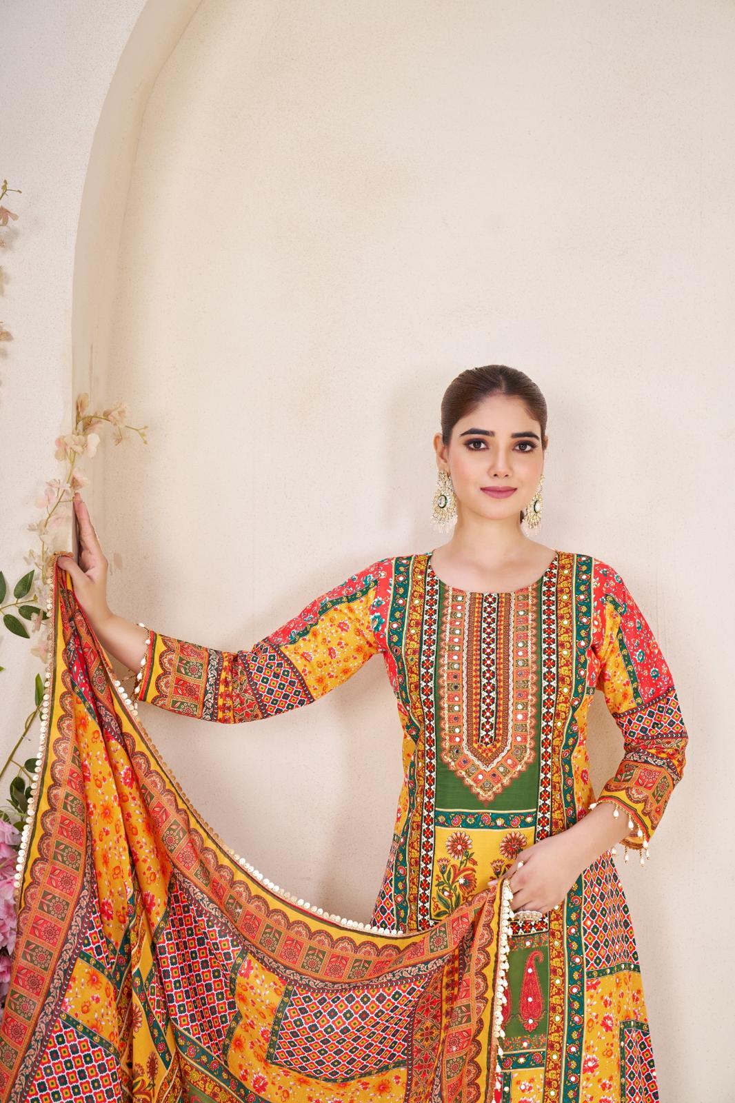 Yellow Pure Soft Muslin Print Heavy Thread Work Salwar Suit 