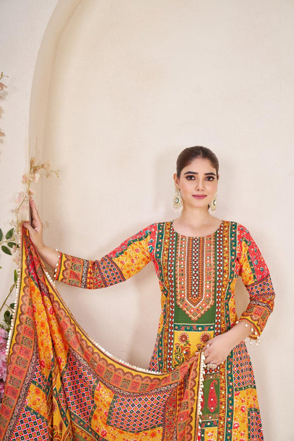 Yellow Pure Soft Muslin Print Heavy Thread Work Salwar Suit 