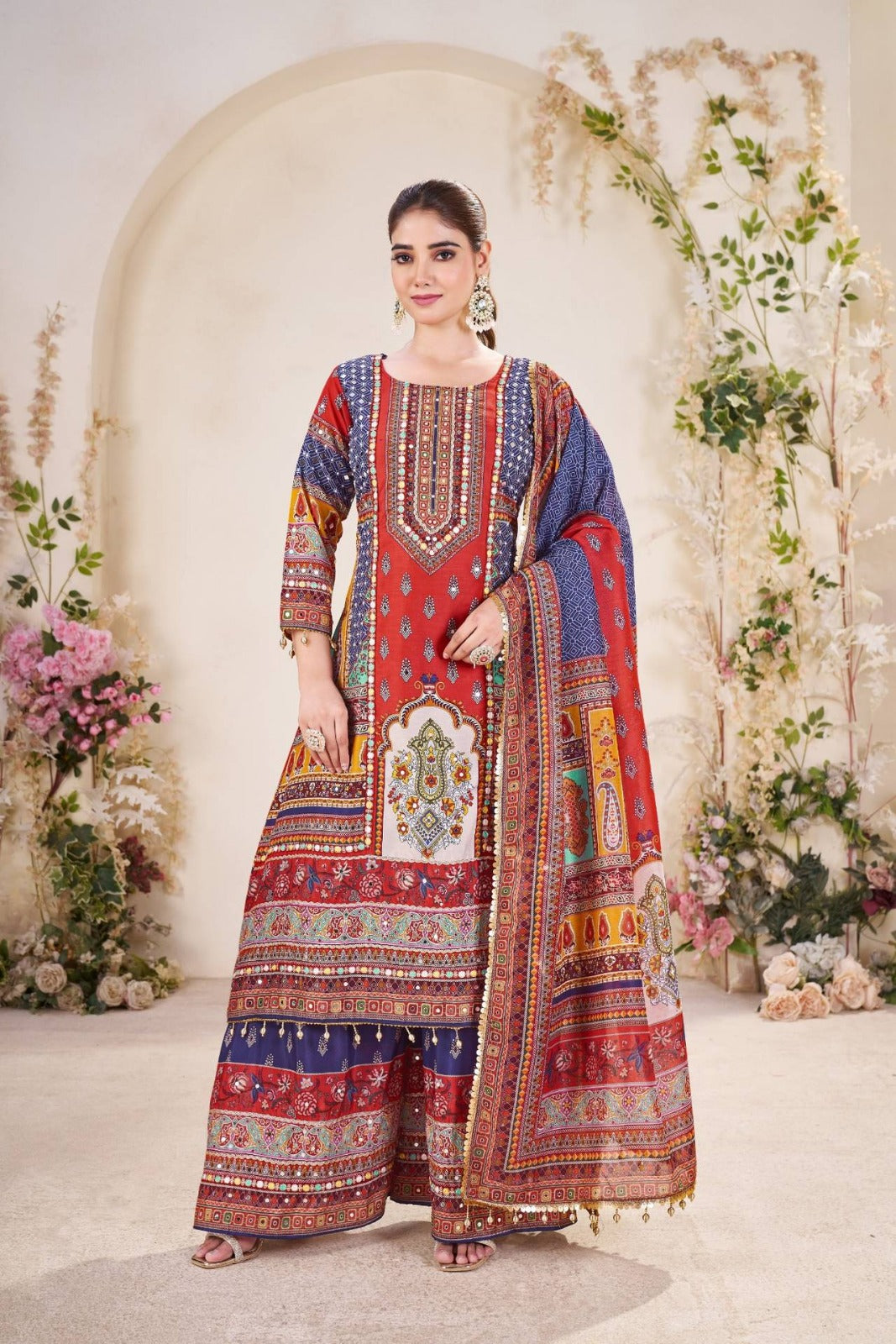 Red Pure Soft Muslin Print Heavy Thread Work Salwar Suit 