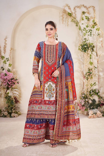 Red Pure Soft Muslin Print Heavy Thread Work Salwar Suit 