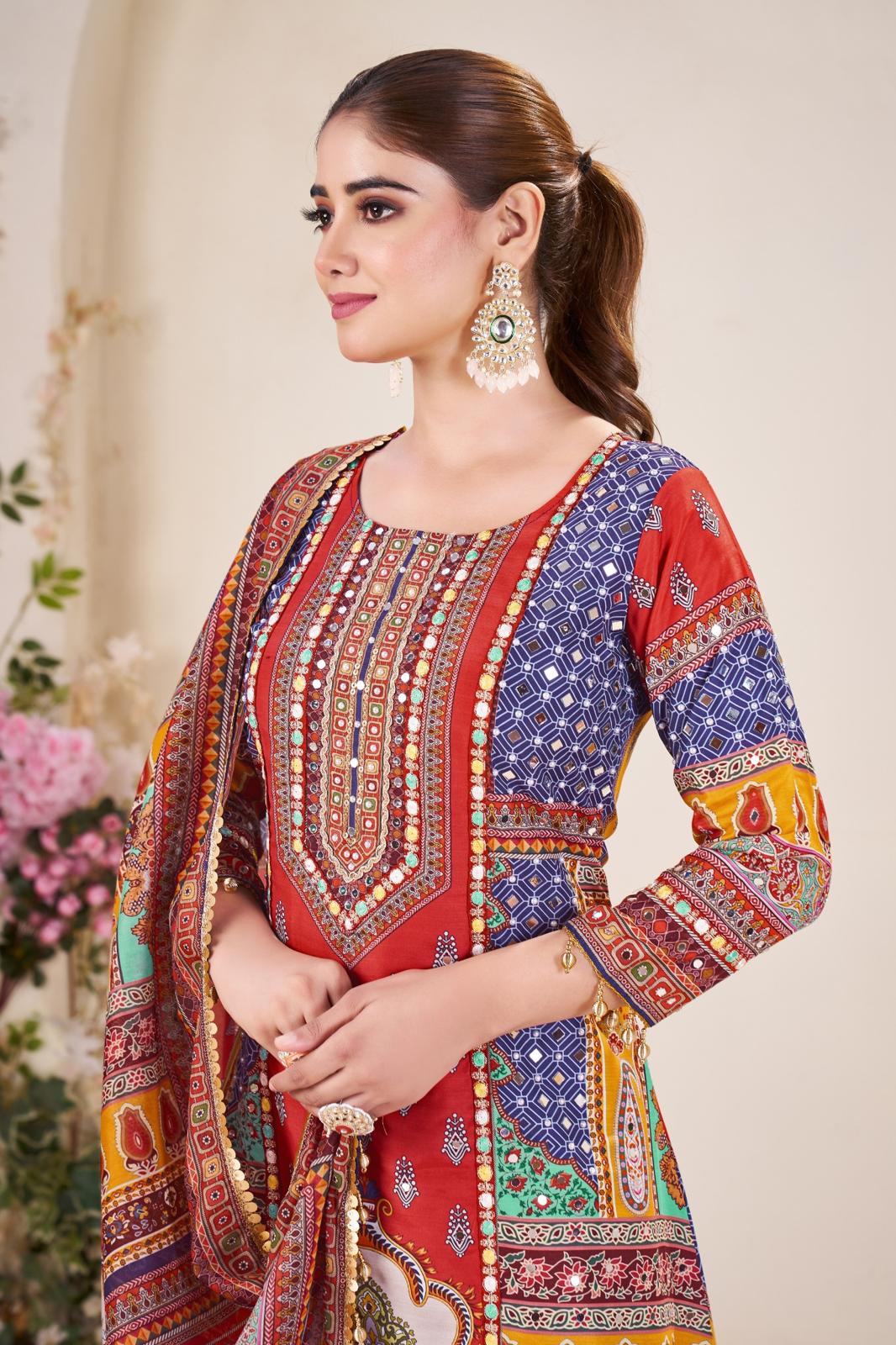 Red Pure Soft Muslin Print Heavy Thread Work Salwar Suit 