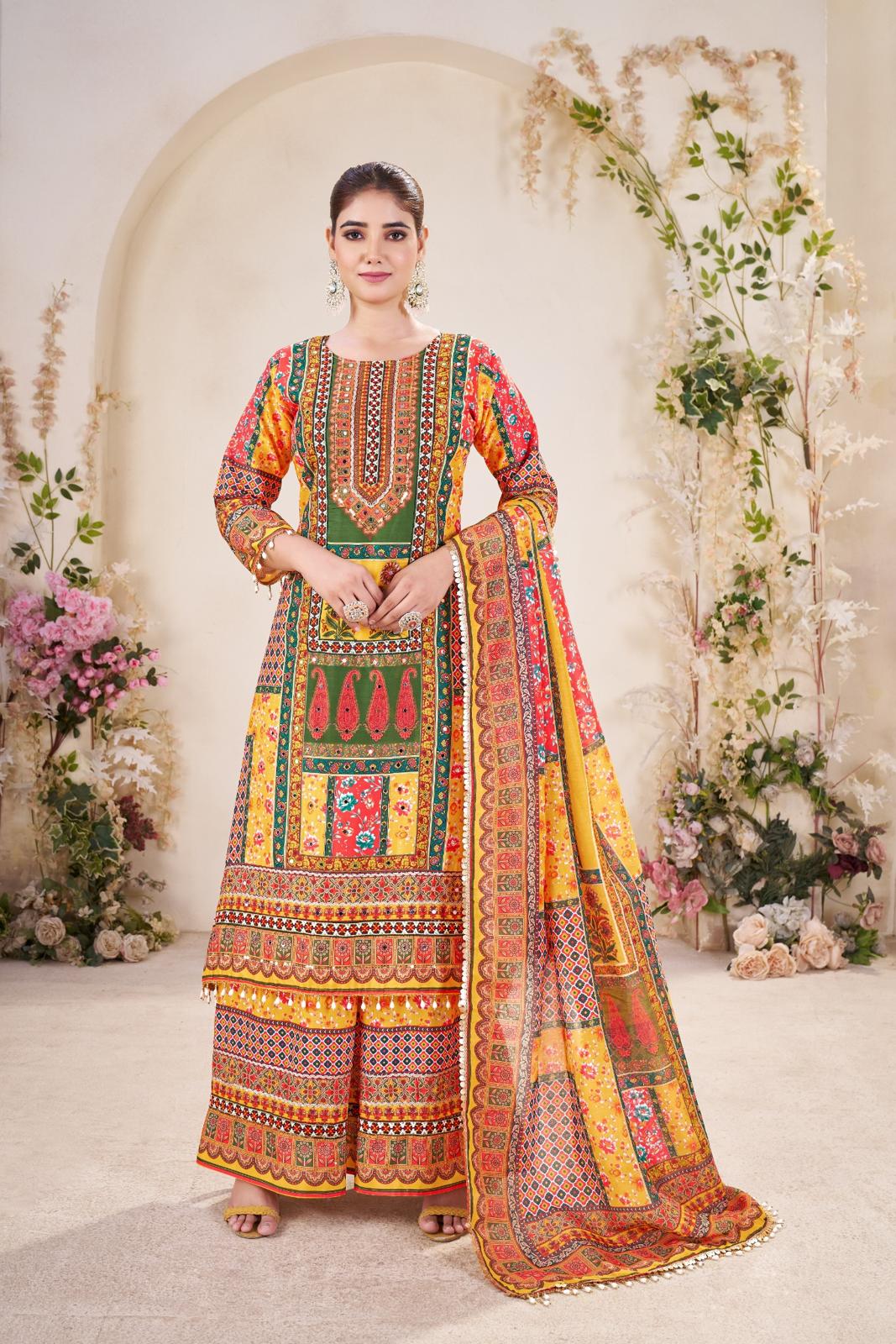 Yellow Pure Soft Muslin Print Heavy Thread Work Salwar Suit 