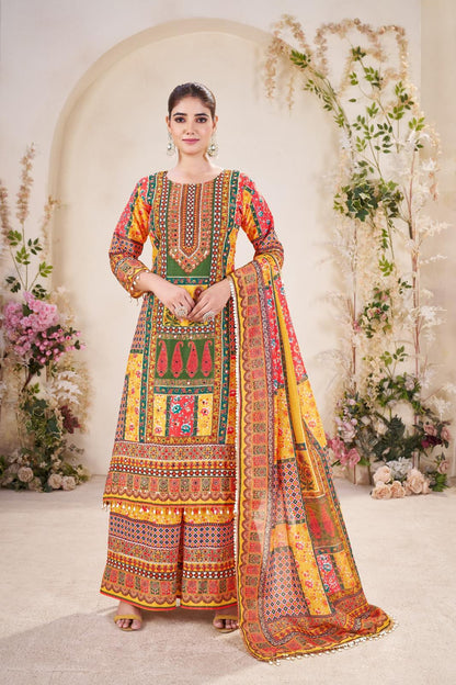 Yellow Pure Soft Muslin Print Heavy Thread Work Salwar Suit 