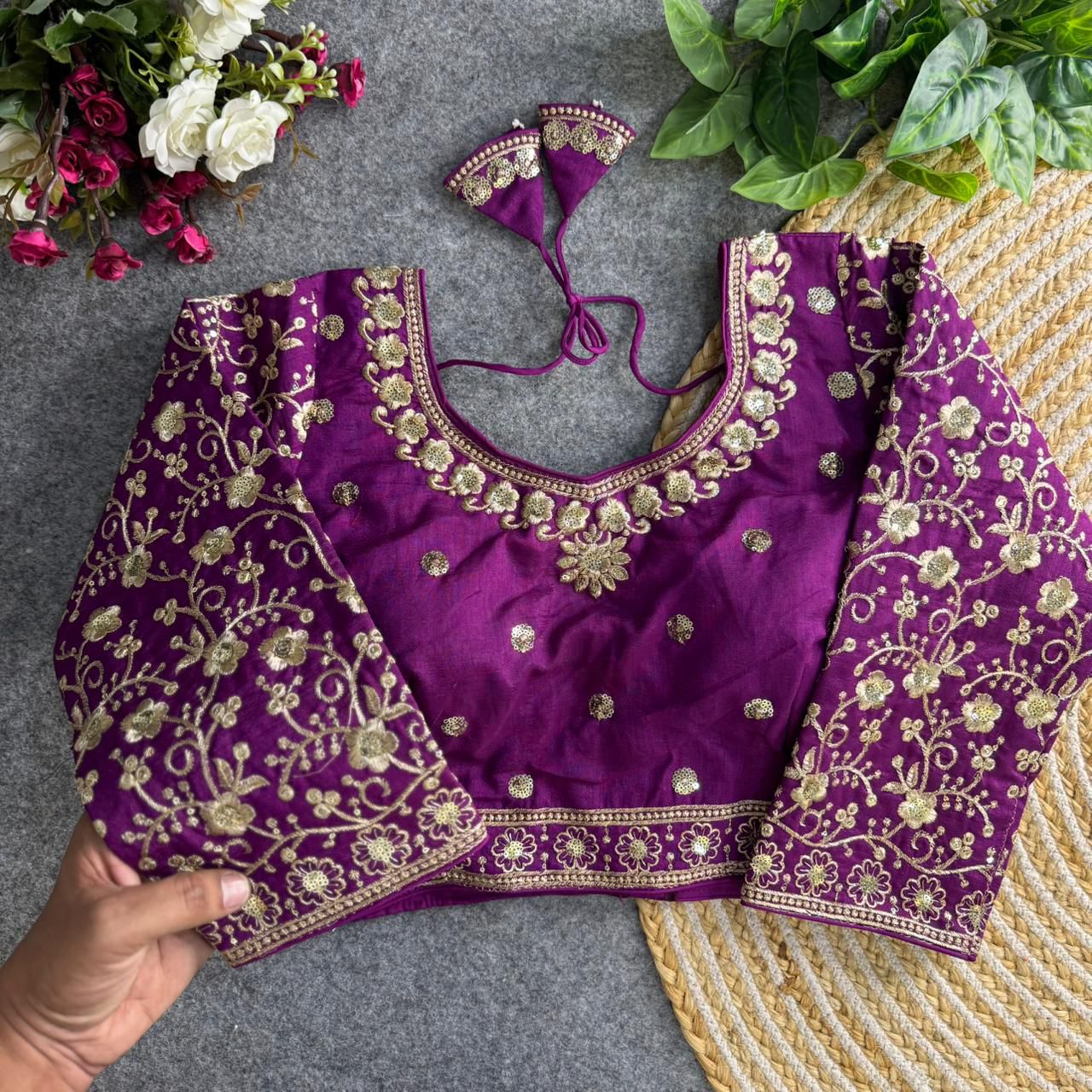 Readymade Pure Vichitra Silk Heavy Jari Sequins Work Long Sleeve Blouse 
