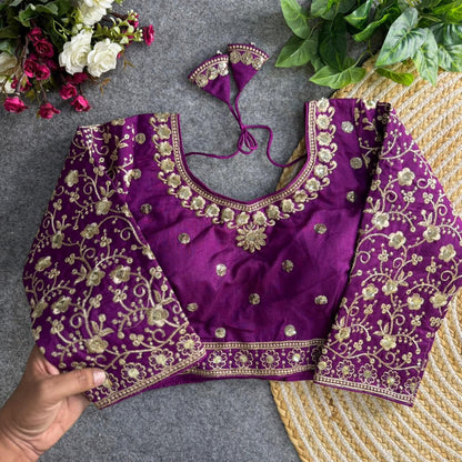 Readymade Pure Vichitra Silk Heavy Jari Sequins Work Long Sleeve Blouse 