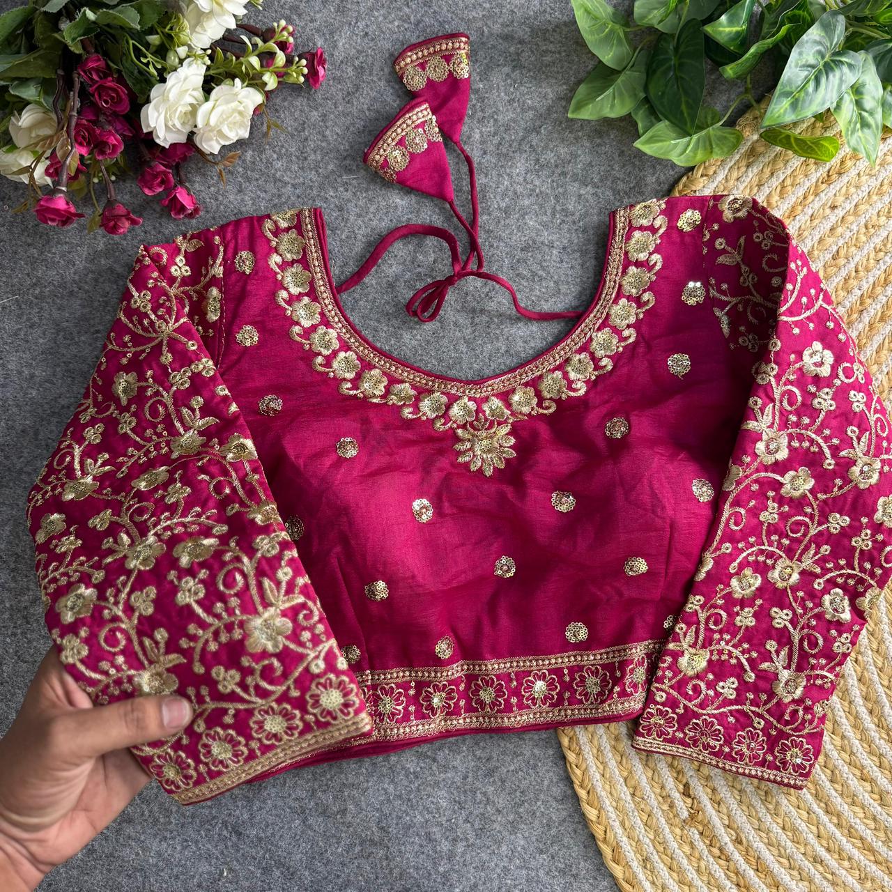 Readymade Pure Vichitra Silk Heavy Jari Sequins Work Long Sleeve Blouse 
