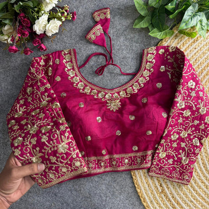 Readymade Pure Vichitra Silk Heavy Jari Sequins Work Long Sleeve Blouse 