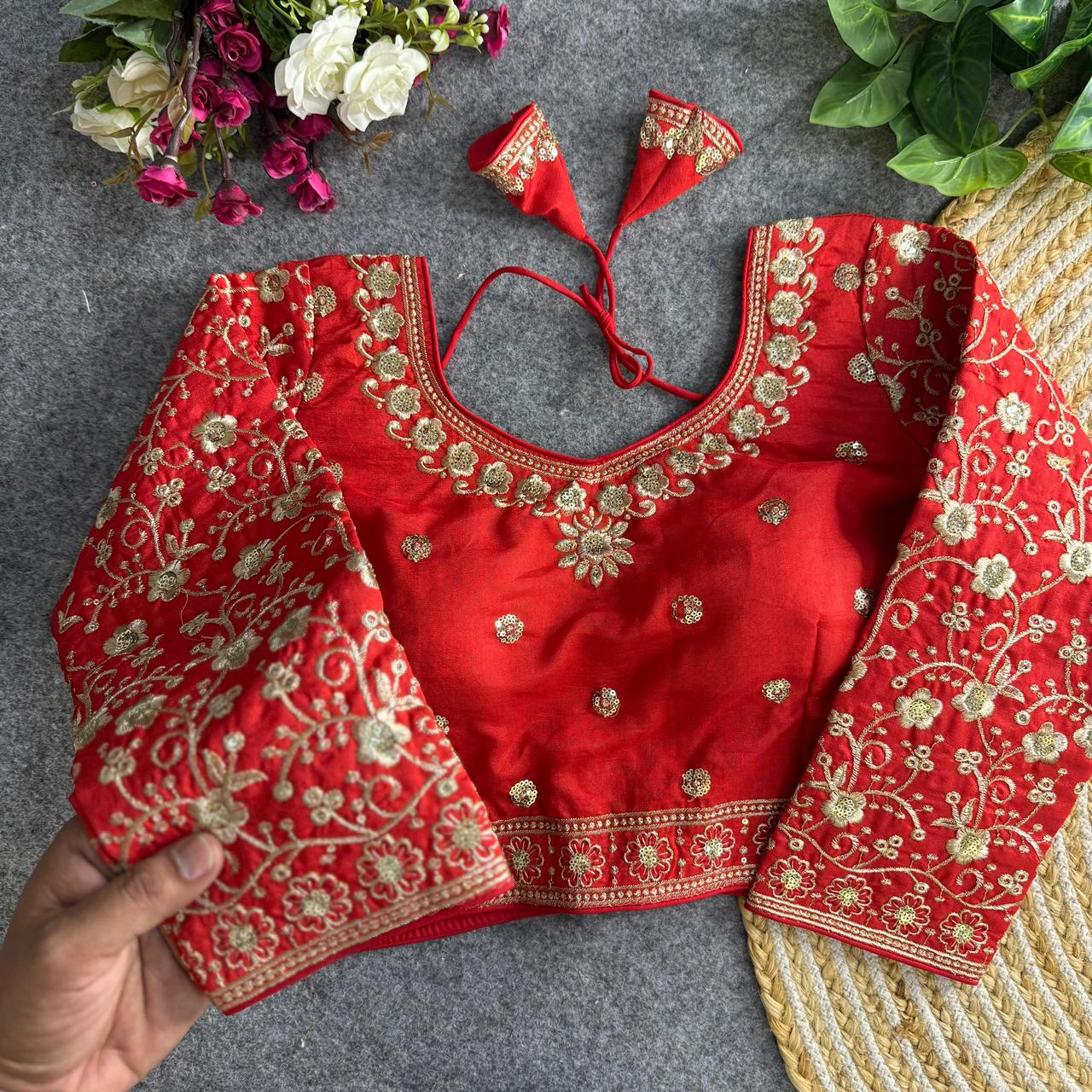 Readymade Pure Vichitra Silk Heavy Jari Sequins Work Long Sleeve Blouse 