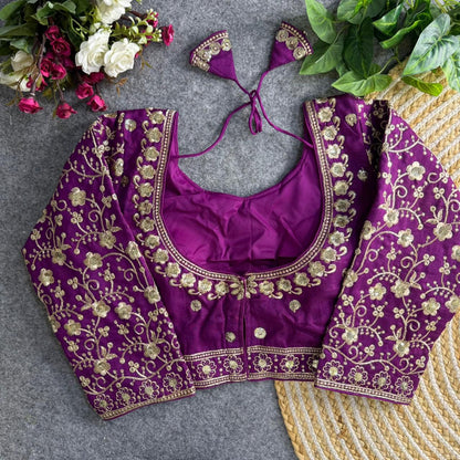 Readymade Pure Vichitra Silk Heavy Jari Sequins Work Long Sleeve Blouse 