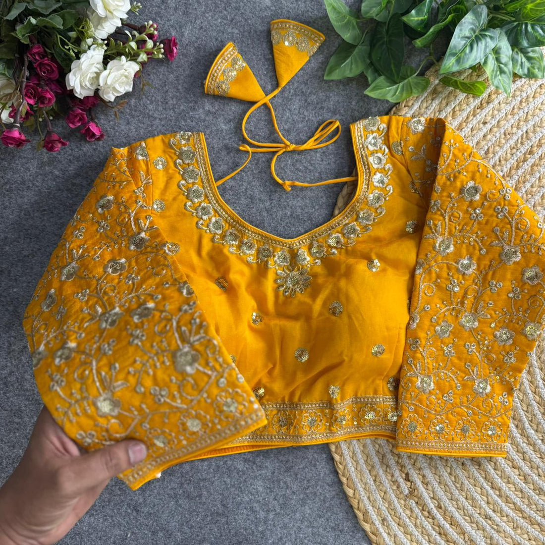 Readymade Pure Vichitra Silk Heavy Jari Sequins Work Long Sleeve Blouse 
